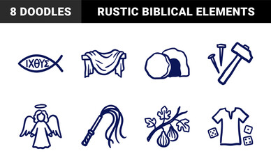 Naklejka premium Hand-drawn Christian passion and resurrection elements for religious storytelling. Rustic, naive marker sketch illustrations of biblical symbols.