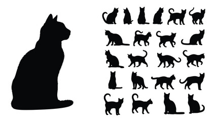 Comprehensive feline silhouette collection: a diverse array of cat postures and profiles in black © JASMIN