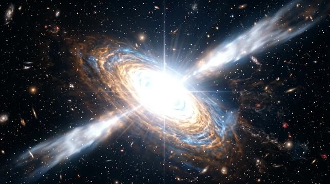 Blazing galactic core with cosmic jets radiating outwards into deep space with distant stars, galaxy, cosmos.