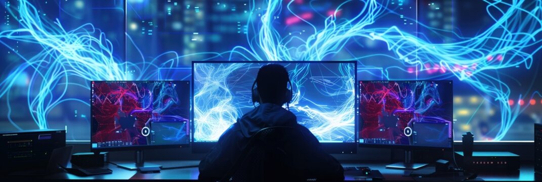 Specialist monitoring a blue glowing data mesh and neural network on panoramic screens