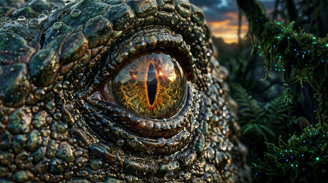 Cinematic Macro Close-up of a Giant Predator's Eye at Dawn