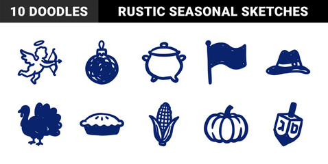 Naklejka premium Hand-drawn holiday and seasonal celebration elements featuring Thanksgiving, Christmas, and Hanukkah motifs. Rustic blue marker sketch style.