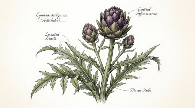 Detailed botanical drawing of an artichoke plant, showcasing its multiple buds and intricate foliage in a classic scientific illustration style
