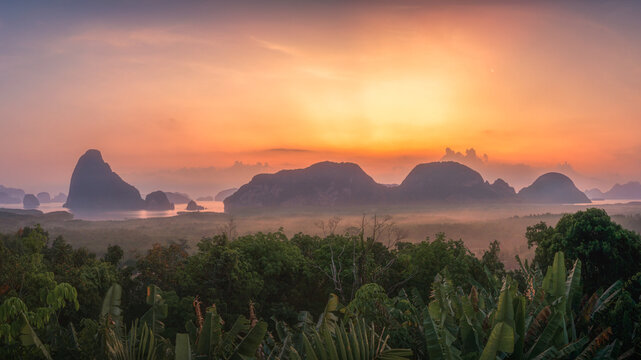tropical islands in the phang nga bay from samet nangshe viewpoint at sunset in krabi in thailand