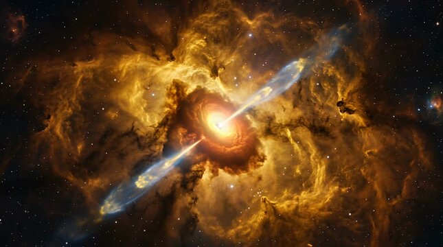 Cosmic spectacle: energetic quasar spewing plasma jets into deep space nebulae quasar black hole, galaxy.