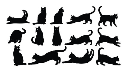 Collection of various feline poses and expressions in black silhouette on white background for design and artistic use © JASMIN