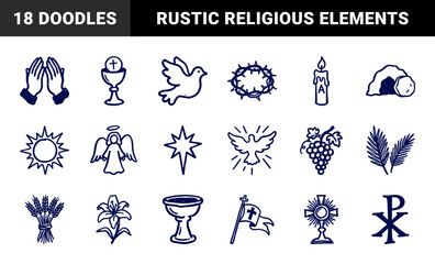 Naklejka premium Christian religious symbols and Easter elements in a rustic hand-drawn doodle style. Naive marker sketch illustrations for church branding and spiritual identity.