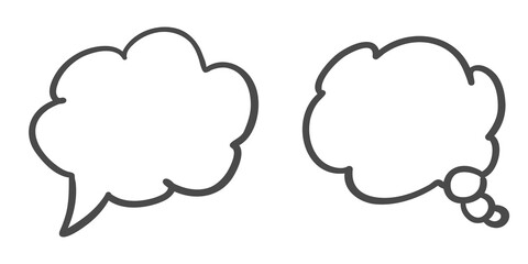 Dois balões de fala vazios desenhados à mão em estilo doodle minimalista, um de fala e outro de pensamento com bolinhas, linhas pretas finas sobre fundo branco, alta resolução e detalhes nítidos