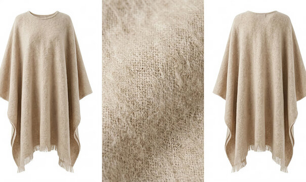 Cozy Beige Knit Poncho Mockup Set with Fringed Hem and Detailed Soft Wool Texture Isolated on White Background