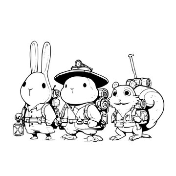 Three cartoon animals dressed as ghostbusters standing together with proton packs