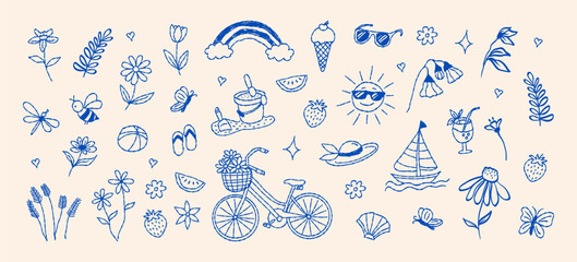 Funky hand drawn summer scrapbook elements set. Crayon grunge scribble doodle stickers. Trendy sketch  vector illustration.  
