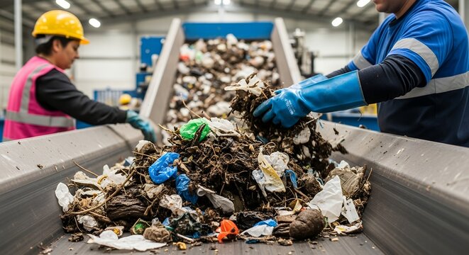 Workers sort trash on a conveyor belt. They wear safety gear and gloves. Plastic, paper, and organic waste mix. Workers handle material in a recycling plant. Scene shows industrial waste processing