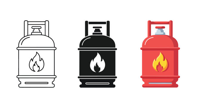 Flat Design LPG Gas Cylinder Icons Set with Fire Flame - Minimalist, flat icon, outline, glyph, linear, clipart, sticker - Vector icon set - Glyph icon