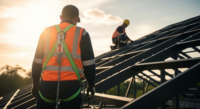 Two workers install solar panels on a roof. Sunset casts warm light over the scene. One worker wears a bright orange safety vest. Another worker is positioned on the roof frame