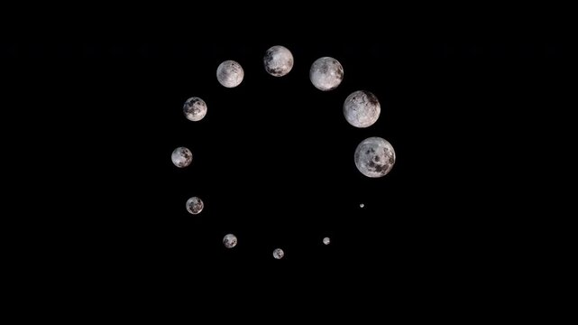 Space exploration UI element: Realistic 3D moons spinning and shrinking in circular loading icon loop - ProRes 4444 Alpha animation 3d render.