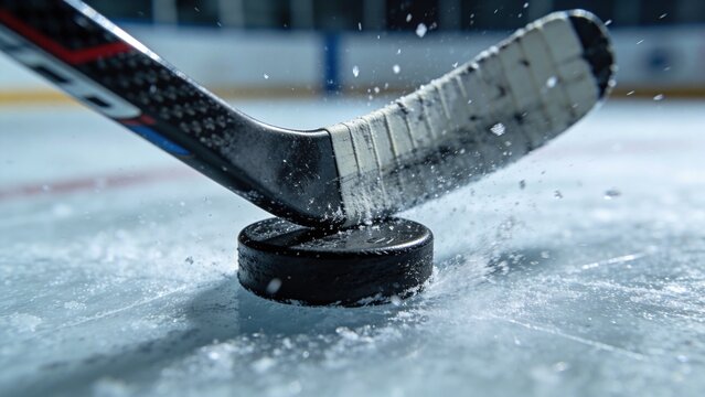 A close-up of a hockey stick striking a black puck on an ice rink. Ice shavings scatter around, capturing the intensity of the game.