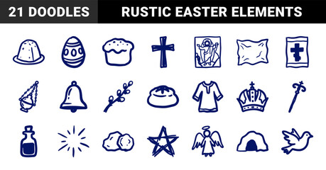 Naklejka premium Orthodox Easter and Christian religious elements in naive doodle style. Crude marker sketch featuring cross, angel, dove, and traditional food.