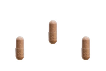 Three pills capsules. PNG, isolated on transparent background. Natural, organic, light brown herbal, vegetable or fruit dietary supplement. Mock up empty border. Medical, pharmacy, healthcare concept