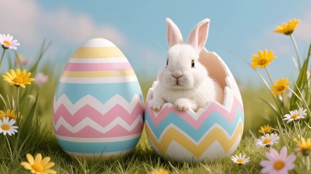 Adorable white rabbit peeking from broken pastel Easter egg beside another decorated egg on green grass with spring daisies under blue sky, cheerful holiday celebration concept