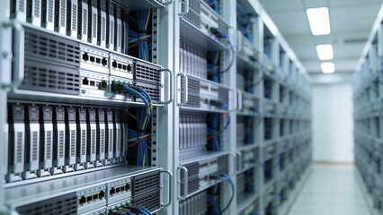 Obraz premium A modern data center with rows of server racks. The servers are metallic and organized, showcasing advanced technology in a well-lit environment.