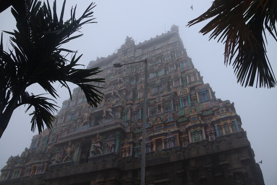 Famous lord shiva temple tower in Chidambaram City of Tamil Nadu during a foggy morning 