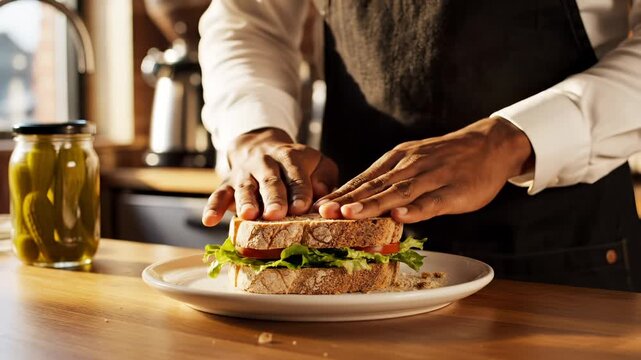 Person makes sandwich with fresh lettuce and tomato in kitchen. Hands prepare sandwich on plate. Chef assembles vegetable sandwich. Person making healthy sandwich with lettuce in kitchen.