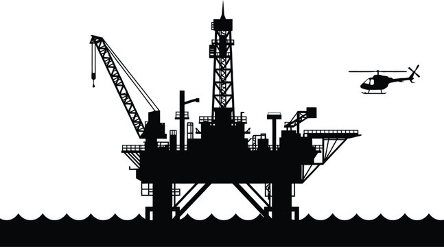 Offshore oil drilling platform silhouette, sea petroleum rig with crane and helicopter, industrial energy extraction concept vector illustration