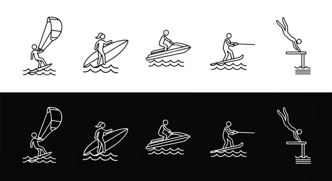 Minimalist Water Sports Icon Set with Diving Platform - Minimalist, flat icon, outline, glyph, linear, clipart, sticker - Vector icon set - Glyph icon