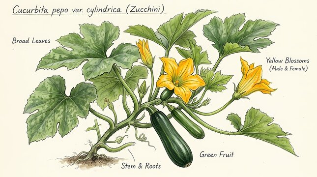 Detailed botanical illustration of a flourishing zucchini plant, showcasing its broad leaves, vibrant yellow blossoms, and mature green fruits, ideal for educational and horticultural themes