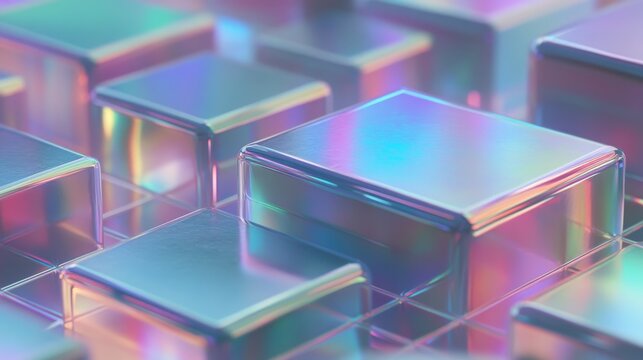 Dynamic motion of iridescent holographic geometric blocks rising and falling on a futuristic grid, reflecting vibrant pastel and neon colors in an abstract digital animation video.