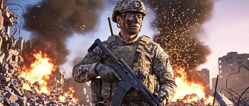 3D render of a soldier in ammunition with a machine, gun standing on the ruins blazing in flames after the bombing of the city at dawn