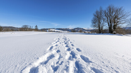 Fototapeta premium Serene winter landscape featuring snow covered field with footprints leading into distance, surrounded by trees and mountains
