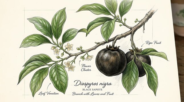 Detailed botanical illustration of a Black Sapote plant branch with ripe fruits, lush green leaves, and delicate blossoms, presented as an intricate scientific sketch for educational purposes