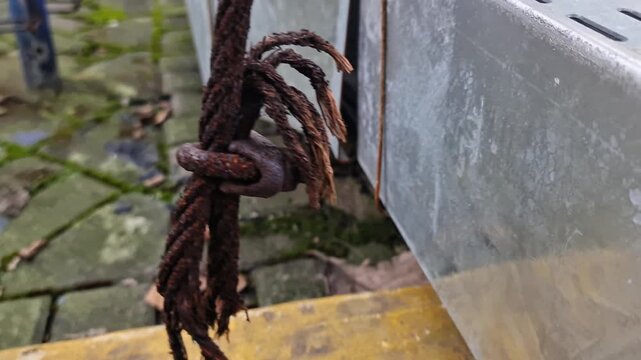 Macro shot of a worn-out rusty steel wire rope with frayed ends and a rusted metal clamp in an industrial outdoor setting.