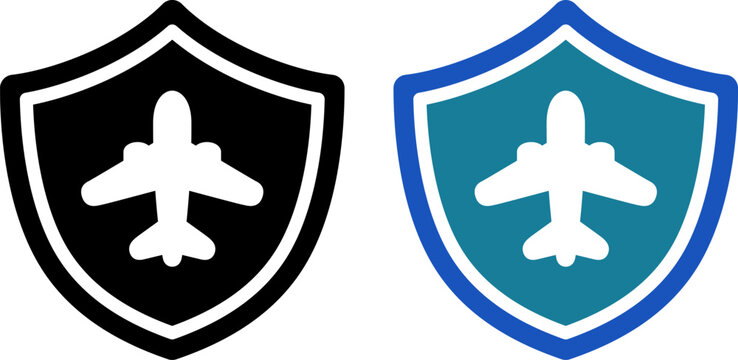 旅行保険と安全対策を表す飛行機と盾のアイコン｜海外旅行の安心サポート（Travel Insurance Shield Icon with Airplane for Safe Trip Protection）
