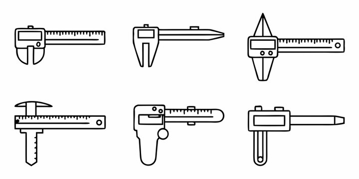 A set of six different vernier calipers in a flat, minimalist line art style on a white background