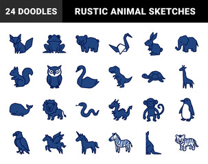 Fototapeta premium Hand-drawn stylized animal and mythical creature doodles for playful branding. Blue monochromatic naive sketches featuring zoo, farm, and fantasy wildlife.