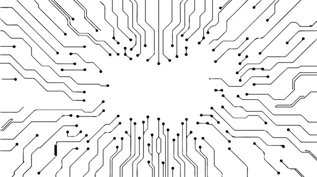 Intricate black circuit board pattern with electronic pathways and connection points radiating from center on transparent grid background for technology