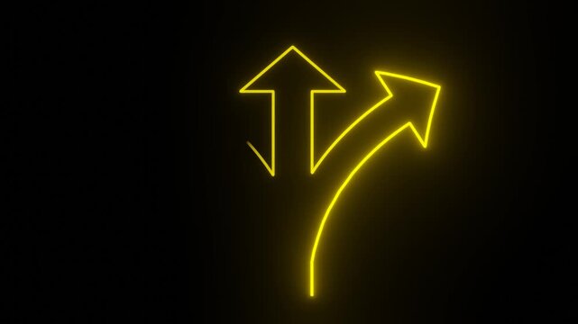 3D Yellow Neon Wireframe Triple Direction Split Arrow, Bloom Glow Seamless Loop on Black Background
