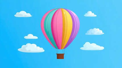 Obraz premium Colorful minimalistic hot air balloon art drawing in bright blue sky with fluffy white clouds background
