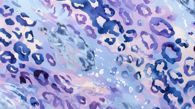 Blue and purple leopard background watercolor pattern with flowing texture, animal print banner