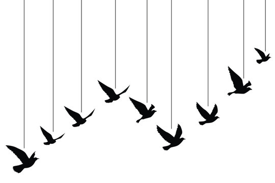 Minimal flying birds silhouettes wallpaper pattern in vector style. Black bird silhouettes arranged in a clean vertical composition on white background. Suitable for wallpaper, background, poster, bra