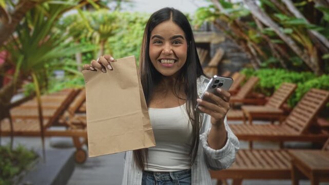 Young woman holding a paper bag and smartphone, smiling with mouth open and holding bag up in a building pool deck with lounge chairs; delivery reward excitement.