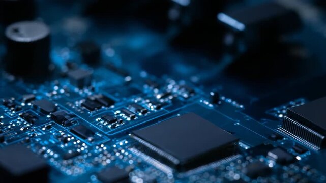 Close-up of microchip on blue circuit board with electronic components