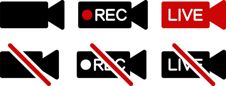 カメラ・録画・ライブ配信のオンオフを表すアイコンセット　Camera, Recording and Live Streaming On and Off Icons Set
