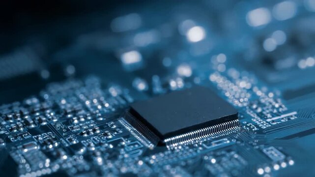 Close-up of microchip on circuit board highlighting modern technology