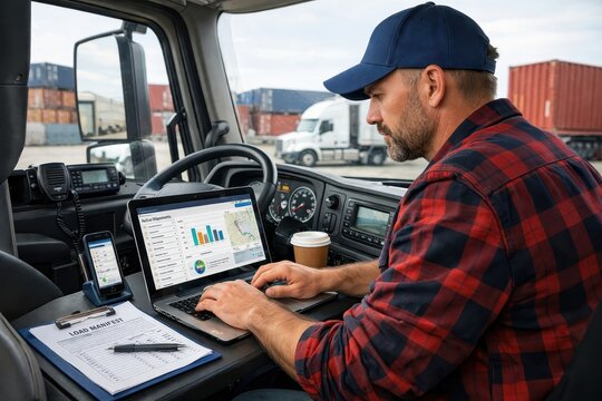 Truck driver working with laptop in truck cab