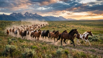 Fototapeta premium Herd of Horses Galloping in Mountain Landscape Horses Herd Galloping Mountains Sunset Landscape Nature. Concept featuring horses, herd, galloping, mountains, sunset for professional commercial design.