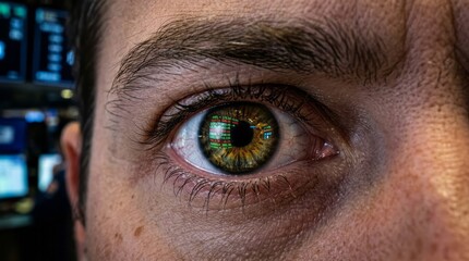 Naklejka premium Close-Up of Eye with Stock Market Reflection Eye Close-Up Reflection Stock Market Finance Trading Business. Concept featuring eye, close-up, reflection, stock market, finance for professional comme...