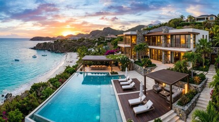 Obraz premium Luxury Villa with Ocean View at Sunset Luxury Villa Ocean View Sunset Beachfront Tropical Swimming Pool Vacation Home. Concept featuring luxury villa, ocean view, sunset, beachfront, tropical for p...